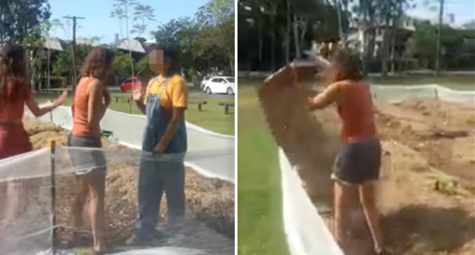 A photo of two women confronting the woman who was 'destroying' the garden. Another photo of the woman seen to be throwing out cardboard from the garden in Brisbane, Queensland.