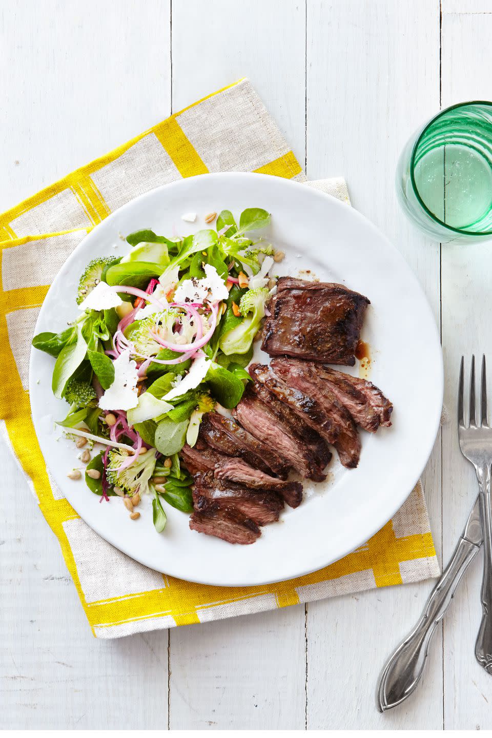 Spiced Skirt Steaks with Raw Broccoli and Mâche Salad