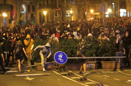 Separatists protest after a verdict in a trial over a banned Catalonia's independence referendum in Barcelona