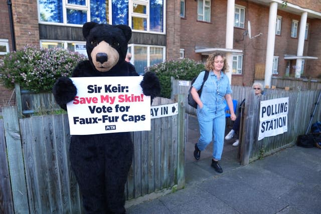 A protester dressed as a bear stands outside a polling station