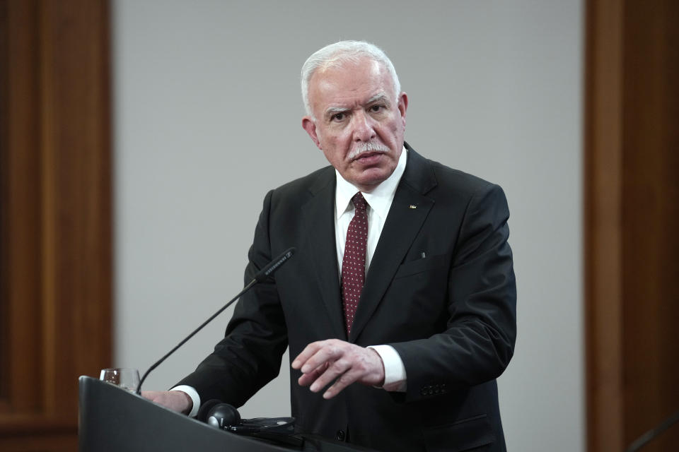 Palestinian Foreign Minister Riyad al-Maliki speaks during a joint press conference with German Foreign Minister Annalena Baerbock, at the Foreign Ministry in Berlin, Tuesday, Feb. 13, 2024. (AP Photo/Ebrahim Noroozi)