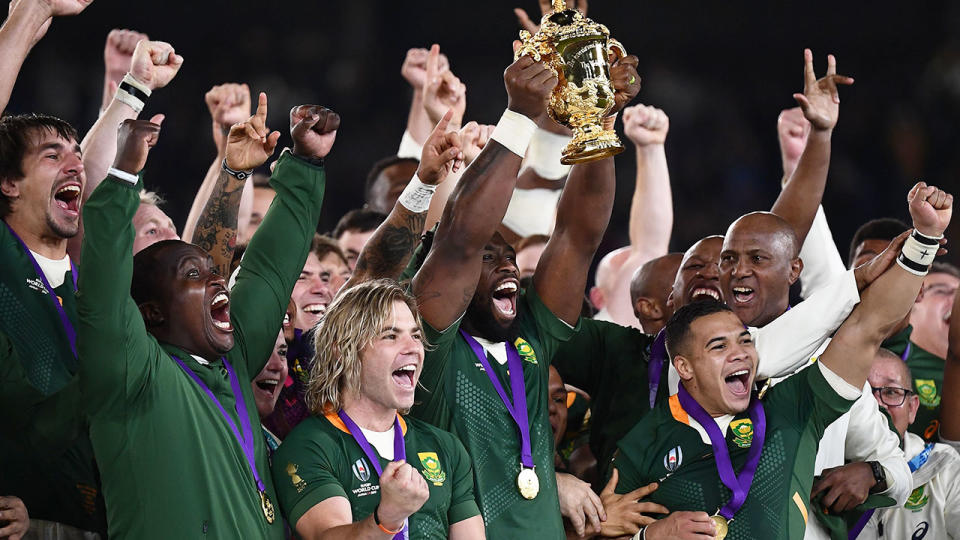 Pictured here, the Springboks celebrate their 2019 Rugby World Cup triumph.