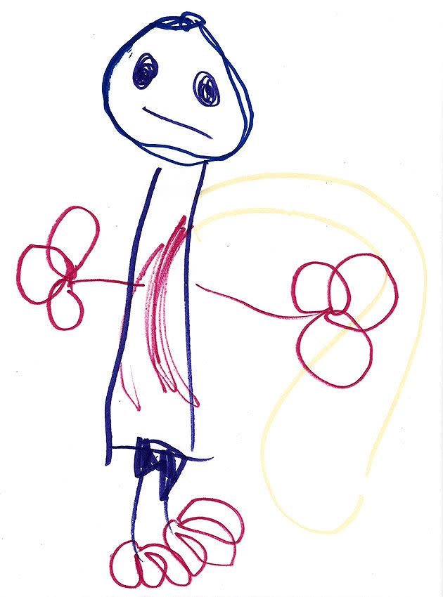 Miss Adventure’s interpretation of me as Super Dad, complete with yellow cape and undies on the outside.