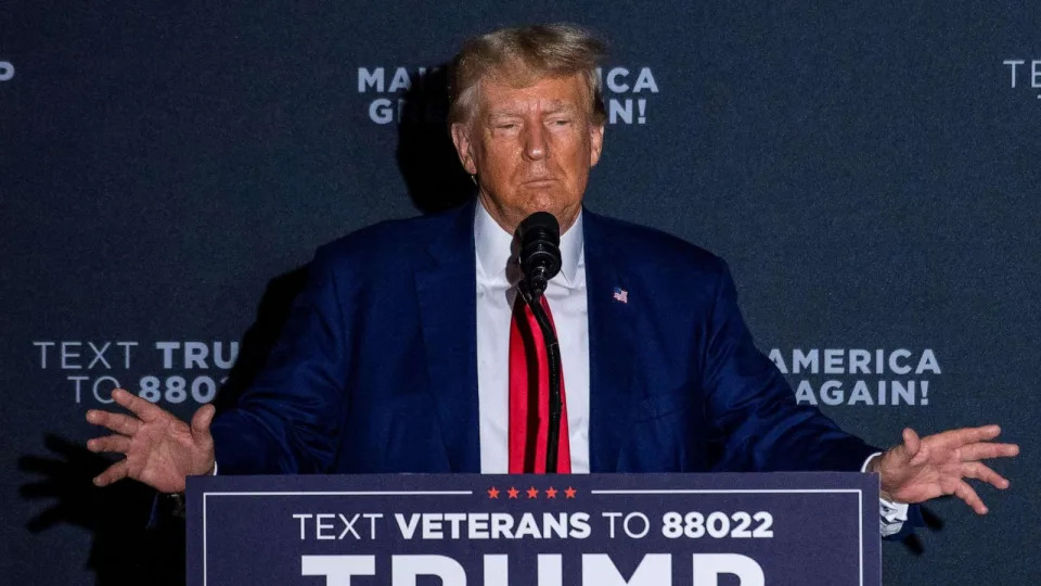 PHOTO: Former US President and 2024 presidential hopeful Donald Trump speaks during a campaign rally at Windham High School in Windham, New Hampshire, on Aug. 8, 2023. (Joseph Prezioso/AFP via Getty Images, FILE)