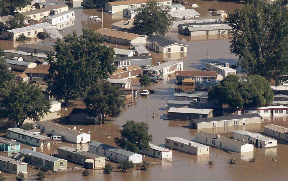 File of mobile homes lieing in flooded in the town of Evans, Weld County, Colorado