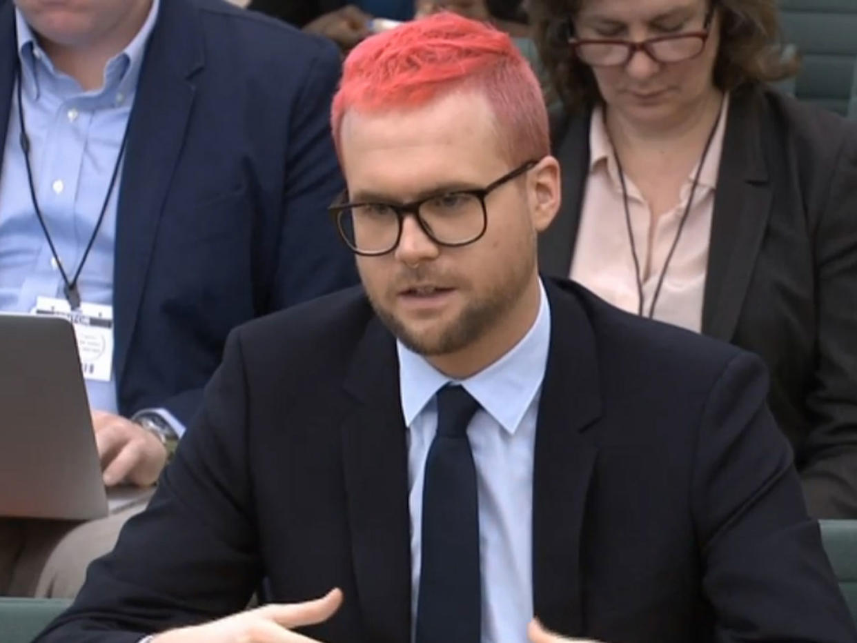 Cambridge Analytica whistleblower Christopher Wylie gives evidence to the House of Commons Digital, Culture, Media and Sport Committee's inquiry into fake news: PA