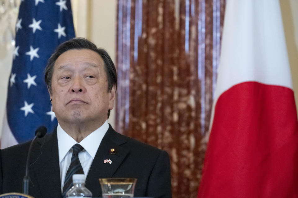 Japanese Defense Minister Yasukazu Hamada waits to speak during a news conference at the State Department, Wednesday, Jan. 11, 2023, in Washington. (AP Photo/Alex Brandon)