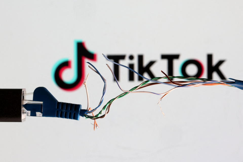 Broken Ethernet cable is seen in front of TikTok logo in this illustration taken March 11, 2022. REUTERS/Dado Ruvic/Illustration