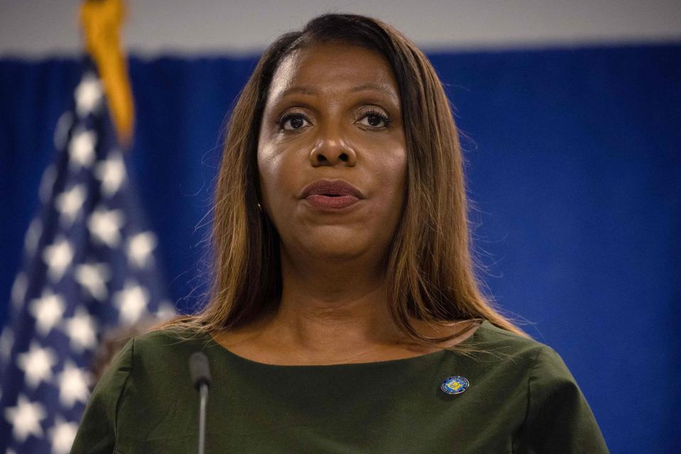 New York Attorney General Letitia James speaks during a press conference regarding former President Donald Trump and his family's financial fraud case on Wednesday in New York.