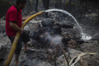 A man extinguishes a fire in Akcayaka village in Milas area of the Mugla province, Turkey, Friday Aug. 6, 2021. Thousands of people fled wildfires burning out of control in Greece and Turkey on Friday, as a protracted heat wave turned forests into tinderboxes that threatened populated areas, electricity installations and historic sites. (AP Photo/Emre Tazegul)