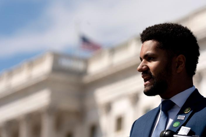 US Representative Maxwell Frost, Democrat of Florida, speaks during a news conference on bicameral gun violence legislation, outside the US Capitol in Washington, DC, on March 22, 2023.