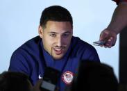 Klay Thompson (USA) of the U.S. attends a news conference. REUTERS/Lucy Nicholson