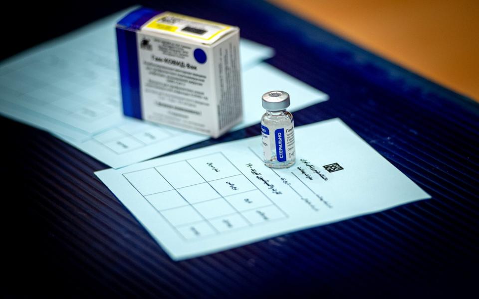 A vial and a packet of Russia's Sputnik V vaccine at the Imam Khomeini hospital in Tehran, Iran - Ali Mohammadi/Bloomberg