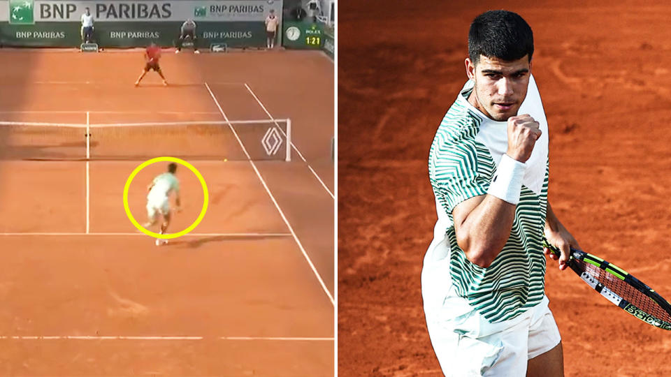 Carlos Alcaraz hits a shot and Alcaraz celebrates a point at Roland Garros.