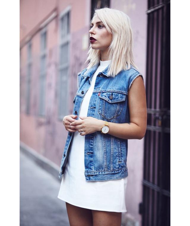 Denim jacket outfit with short dress