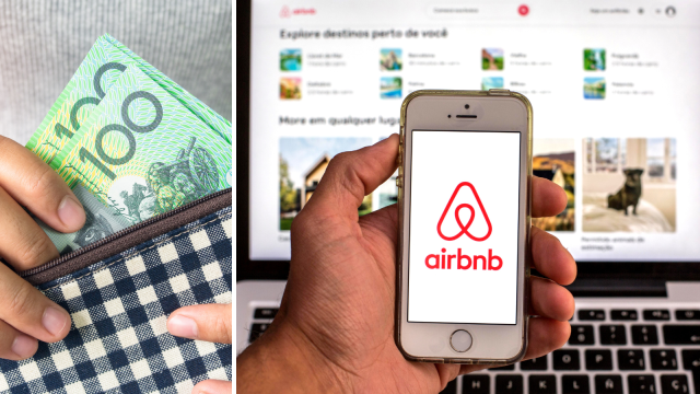 A person removing $100 from a wallet and the Airbnb logo displayed on a phone.