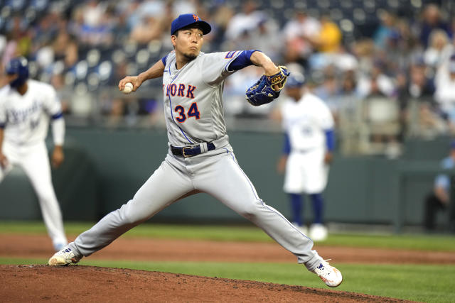 New York Mets starting pitcher Kodai Senga, from Japan, throws during the  first inning of a baseball game against the Kansas City Royals Wednesday,  Aug. 2, 2023, in Kansas City, Mo. (AP