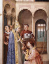 St. Lawrence receives the treasures of the Church<br> Painted by Fra Angelico inside the Niccoline Chapel<br><br> (Photo courtesy <a href="https://sites.google.com/site/aguidetorome/" rel="nofollow noopener" target="_blank" data-ylk="slk:David Lown;elm:context_link;itc:0;sec:content-canvas" class="link ">David Lown</a>)