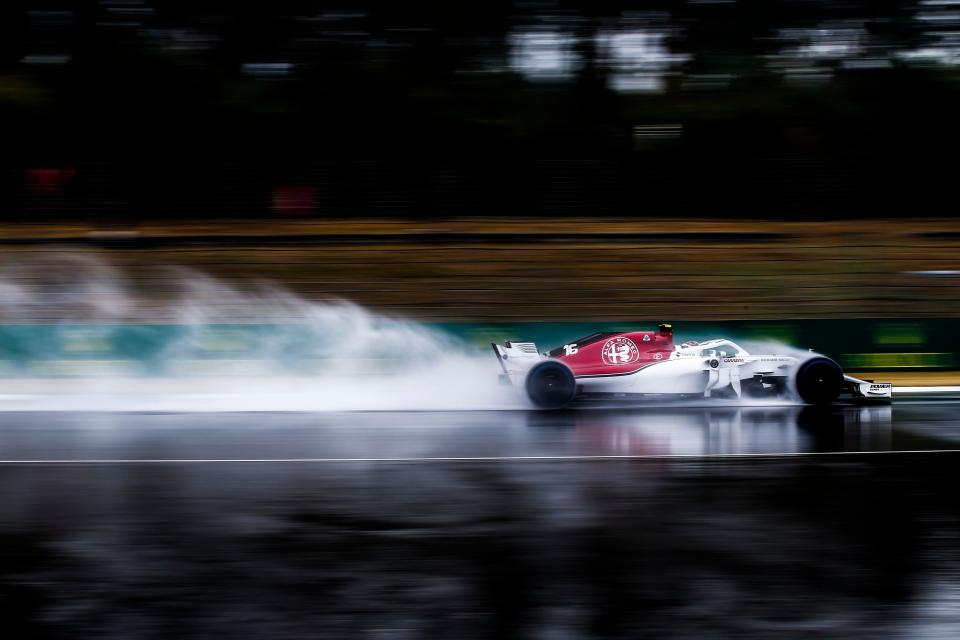 Let us spray: Charles Leclerc struggled a little in the wet conditions at Hockenheim