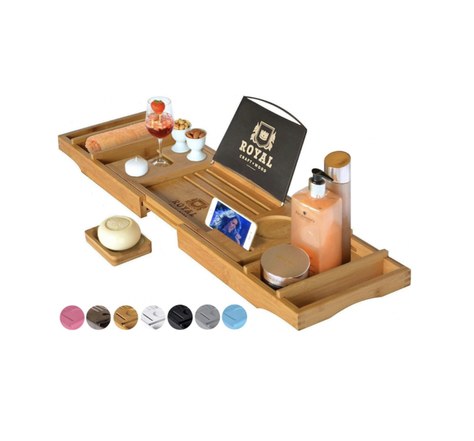 6) ROYAL CRAFT WOOD Luxury Bathtub Caddy Tray, One or Two Person Bath and Bed Tray, Bonus Free Soap Holder (Natural)