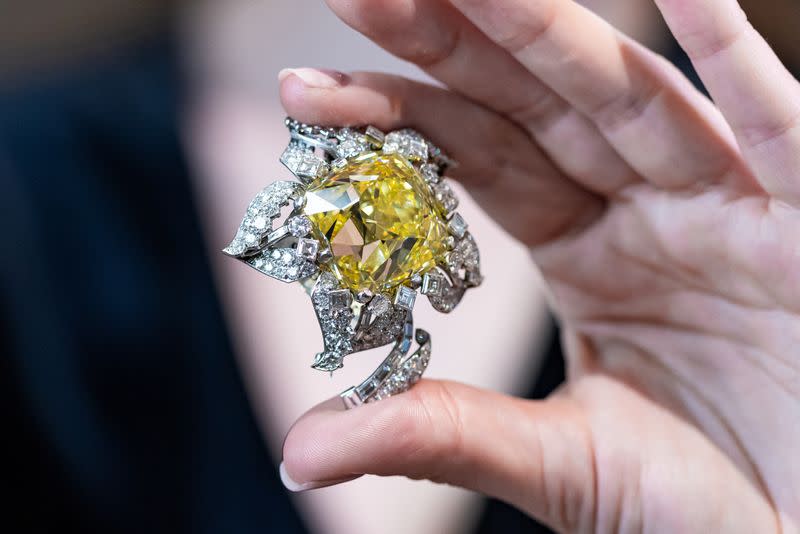 The Allnatt, a 101.29-carat yellow diamond is displayed ahead of auction in Geneva