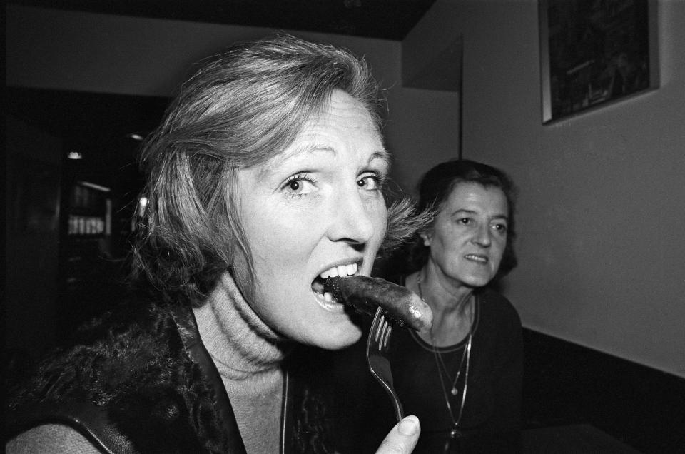 Sausage tasting panel at Marine Ices, Camden Town. Mrs Rita Peduzz (Housewife) and Mary Berry (TV cooking expert.) 24th September 1975. (Photo by Daily Mirror/Mirrorpix/Mirrorpix via Getty Images)