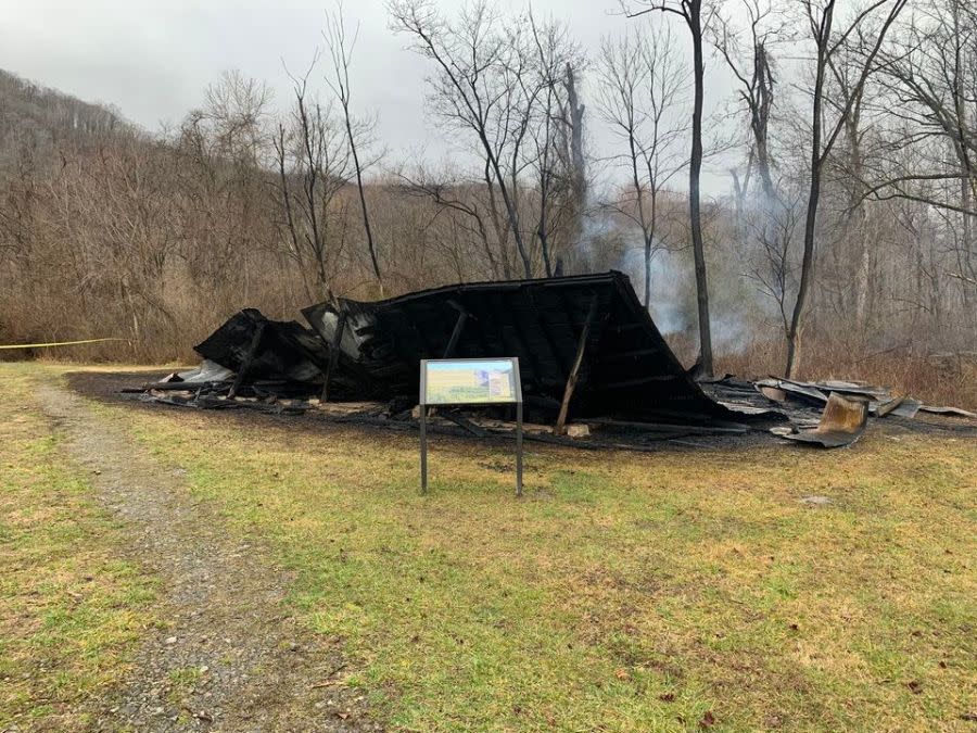 Day after Thursday, February 22 fire – Smoldering Remains of Historic barn – Photo Courtesy: New River Gorge National Park and Preserve