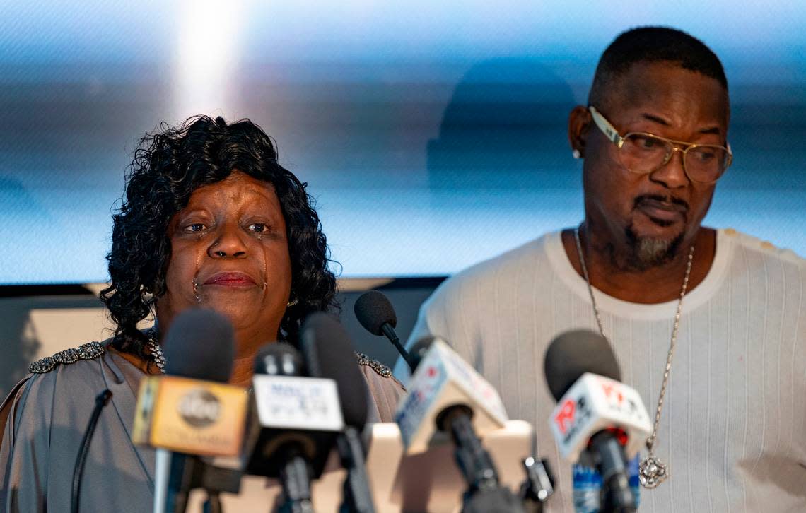 Lakesha Butler and John Matthews speak of their son’s death during a press conference at the Strom Law Firm in Columbia on Wednesday, Aug. 3, 2022. Lason Butler died while he was incarcerated at Alvin S. Glenn Detention Center.
