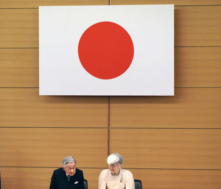 Japan's Emperor Akihito and Empress Michiko attend the awarding ceremony of the Midori Academic Prize Friday, April 26, 2019, in Tokyo. Eugene Hoshiko/Pool via REUTERS