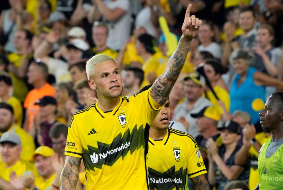 Jun 22, 2024; Columbus, OH, USA; Columbus Crew forward Christian Ramirez (17) celebrates his goal against Sporting KC during the second half of their MLS game at Lower.com Field.