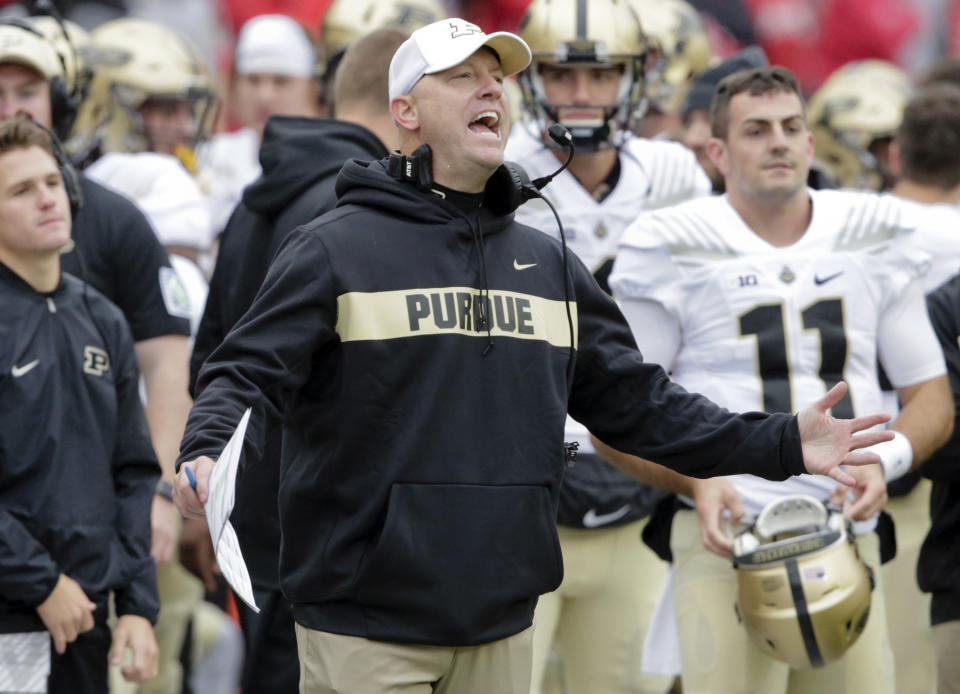 Purdue head coach Jeff Brohm reacts to call during the first half of an NCAA college football game against Nebraska in Lincoln, Neb., Saturday, Sept. 29, 2018. (AP Photo/Nati Harnik)