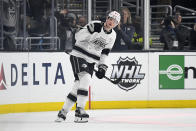 Los Angeles Kings left wing Austin Wagner celebrates his goal on a penalty shot during the first period of an NHL hockey game against the Colorado Avalanche Saturday, Feb. 22, 2020, in Los Angeles. (AP Photo/Mark J. Terrill)