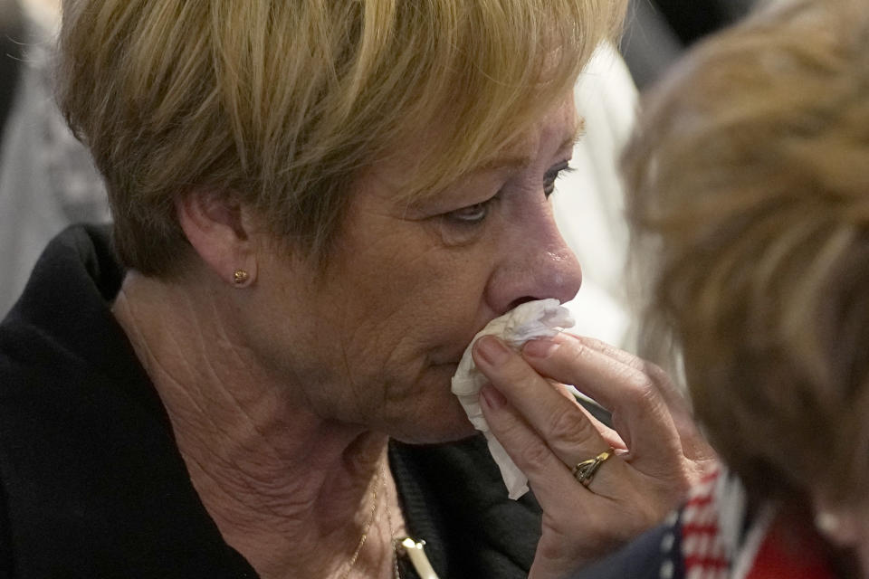 Marilene Lafarge, mother of a victim, reacts after the verdict outside the courtroom, Monday, April 17, 2023 in Paris. A French court acquitted Airbus and Air France of manslaughter charges over the 2009 crash of Flight 447 from Rio to Paris, which killed 228 people and led to lasting changes in aircraft safety measures. (AP Photo/Michel Euler)