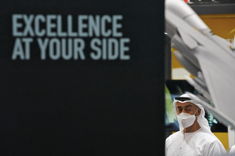 Abu Dhabi's powerful crown prince, Sheikh Mohammed bin Zayed Al Nahyan, attends the Dubai Air Show in Dubai, United Arab Emirates, Wednesday, Nov. 17, 2021. (AP Photo/Jon Gambrell)