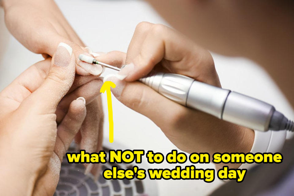 Woman use electric nail file drill in beauty salon. Perfect nails manicure process in detail from top view. Suction grill round. labeled "what NOT to do on someone else's wedding day"