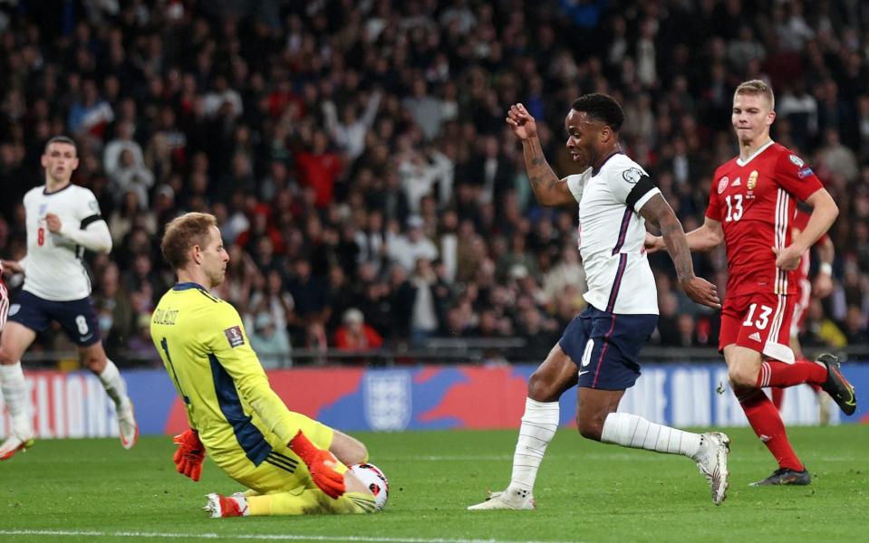 Raheem Sterling of England has a shot saved by Peter Gulacsi of Hungary - GETTY IMAGES