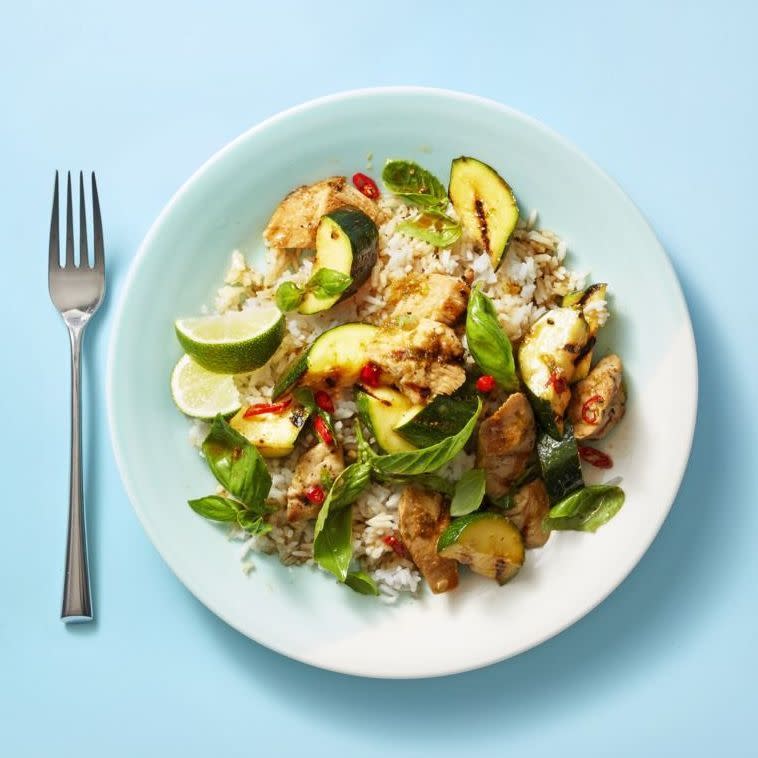 <p>Fire up the grill for this summery dish that takes a mere 20 minutes to make. Sliced red chile will add another kind of heat.</p><p>Get the <a href="https://www.goodhousekeeping.com/food-recipes/easy/a27545270/grilled-basil-chicken-and-zucchini-recipe/" rel="nofollow noopener" target="_blank" data-ylk="slk:Grilled Basil Chicken and Zucchini recipe" class="link "><strong>Grilled Basil Chicken and Zucchini recipe</strong></a><em>.</em></p>