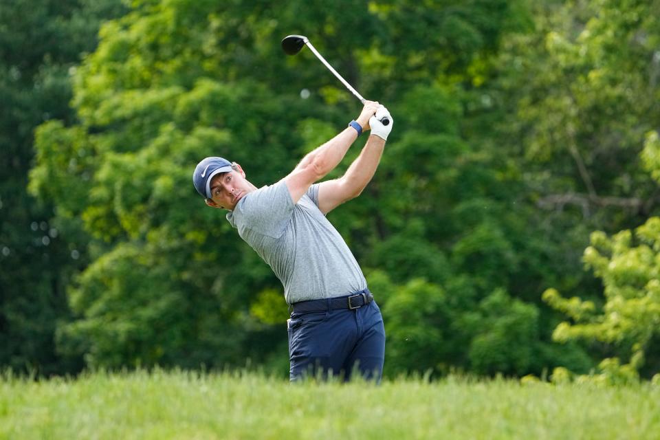 June 3, 2023; Dublin, Ohio, USA;  Rory McIlroy tees off on 18 during the third round of the Memorial Tournament at Muirfield Village Golf Club. 