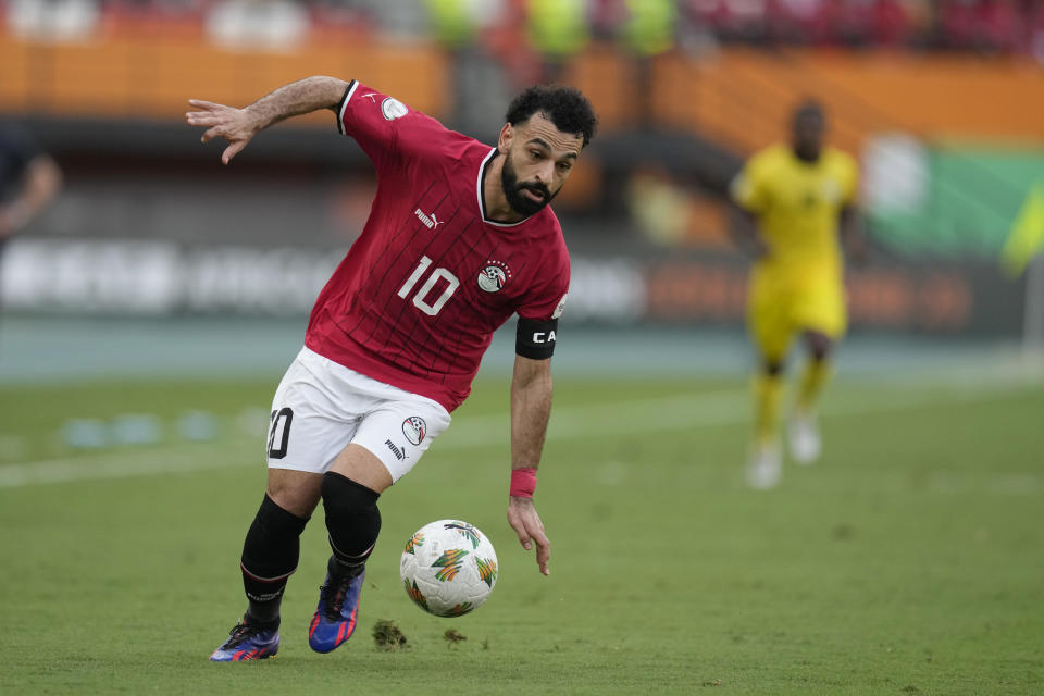 Egypt's Mohamed Salah controls the ball during the African Cup of Nations Group B soccer match between Egypt and Mozambique in Abidjan, Ivory Coast, Sunday, Jan. 14, 2024. (AP Photo/Themba Hadebe)