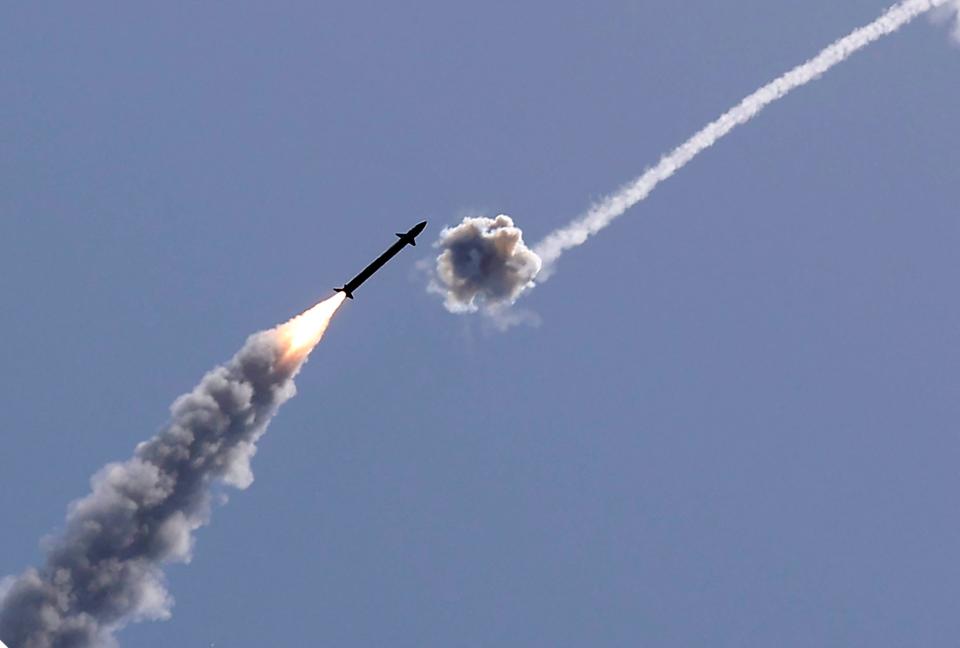 Israel's Iron Dome aerial defense system intercepts a rocket launched from the Gaza Strip, controlled by the Palestinian Hamas movement, above the southern Israeli city of Ashkelon, on May 11, 2021.