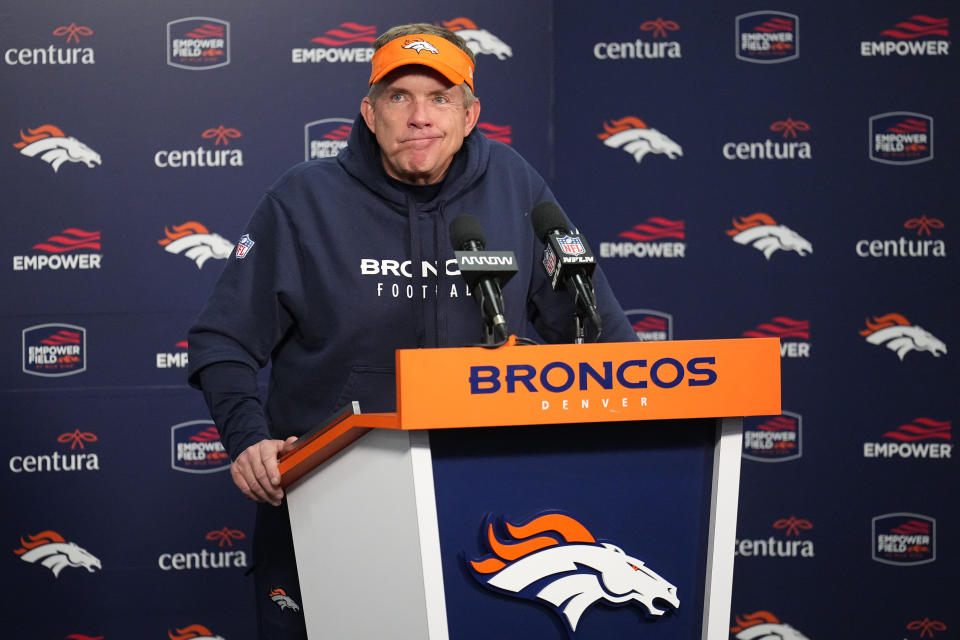 Denver Broncos head coach Sean Payton talks during a news conference following a win against the Los Angeles Chargers during an NFL football game, Sunday, Jan. 31, 2023, in Denver. (AP Photo/Jack Dempsey)