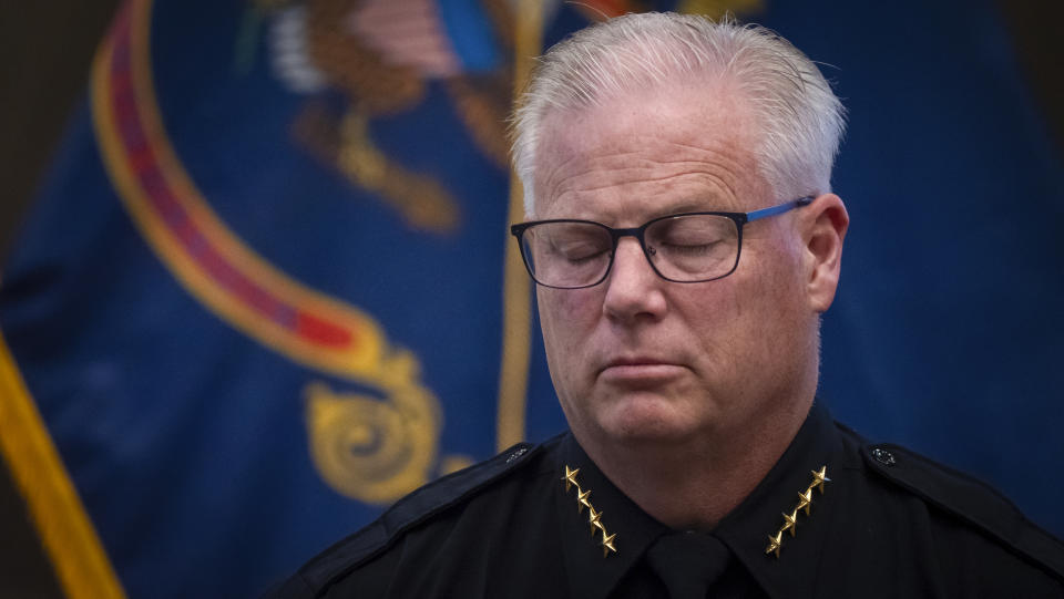 Fargo Police Chief David Zibolski gestures during a news conference on Friday, July 21, 2023 in Fargo, N.D. The man who shot three Fargo police officers and a civilian, killing one of the officers before an officer killed him, searched the internet for terms including “explosive ammo” and “kill fast,” as well as for what crowded area events might be happening in and around North Dakota's largest city, authorities said Friday. ( KFGO via AP)