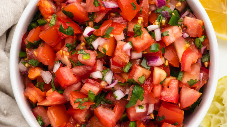 Close up of tomato salsa in a bowl