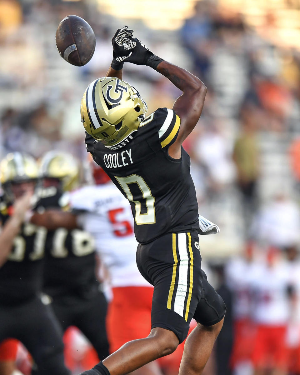 Georgia Tech running back Trey Cooley (0) loses control of a pass allowing for an interception in the second half of an NCAA college football game, in Atlanta, Saturday, Sept. 30, 2023. (Daniel Varnado/Atlanta Journal-Constitution via AP)