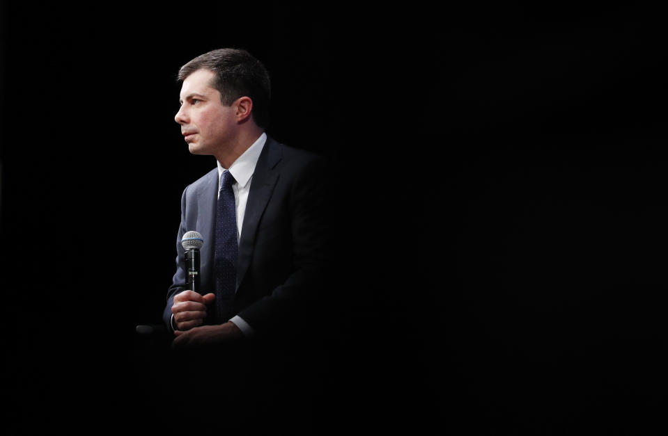 Democratic presidential candidate and former South Bend Mayor Pete Buttigieg speaks at the LULAC Presidential Town Hall, Thursday, Feb. 13, 2020, in Las Vegas. (AP Photo/John Locher)