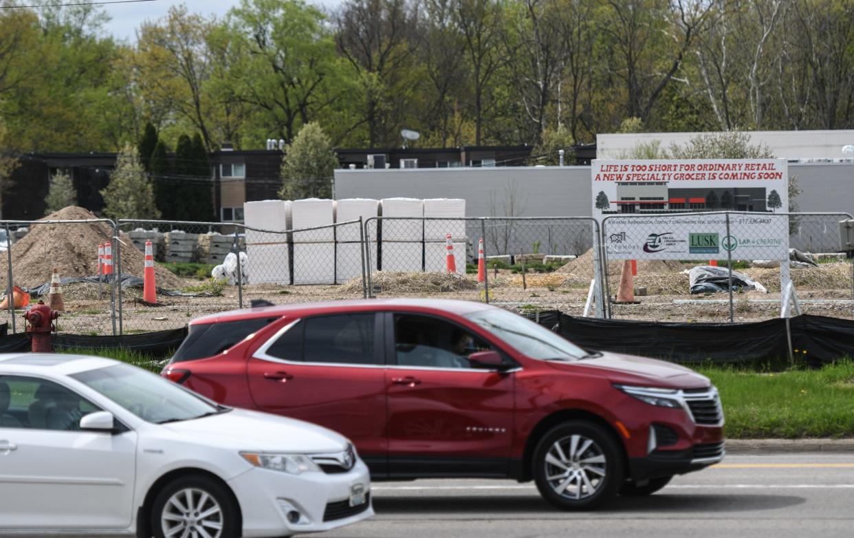 The East Lansing site where construction of the new Trader Joe's grocery store has been at a standstill for months, seen Monday, May 8, 2023.