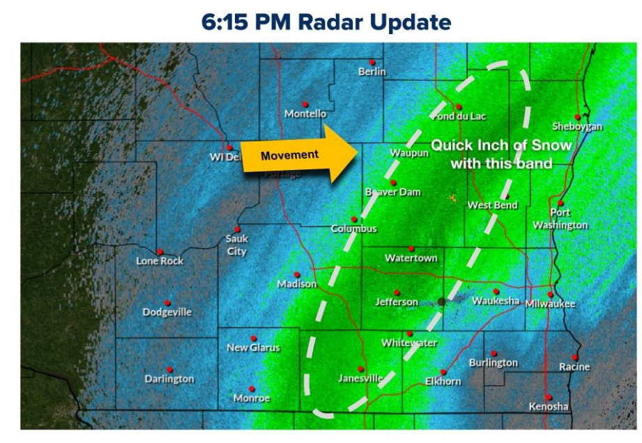 Radar update from the National Weather Service shows a quick inch of snow in an hour expected