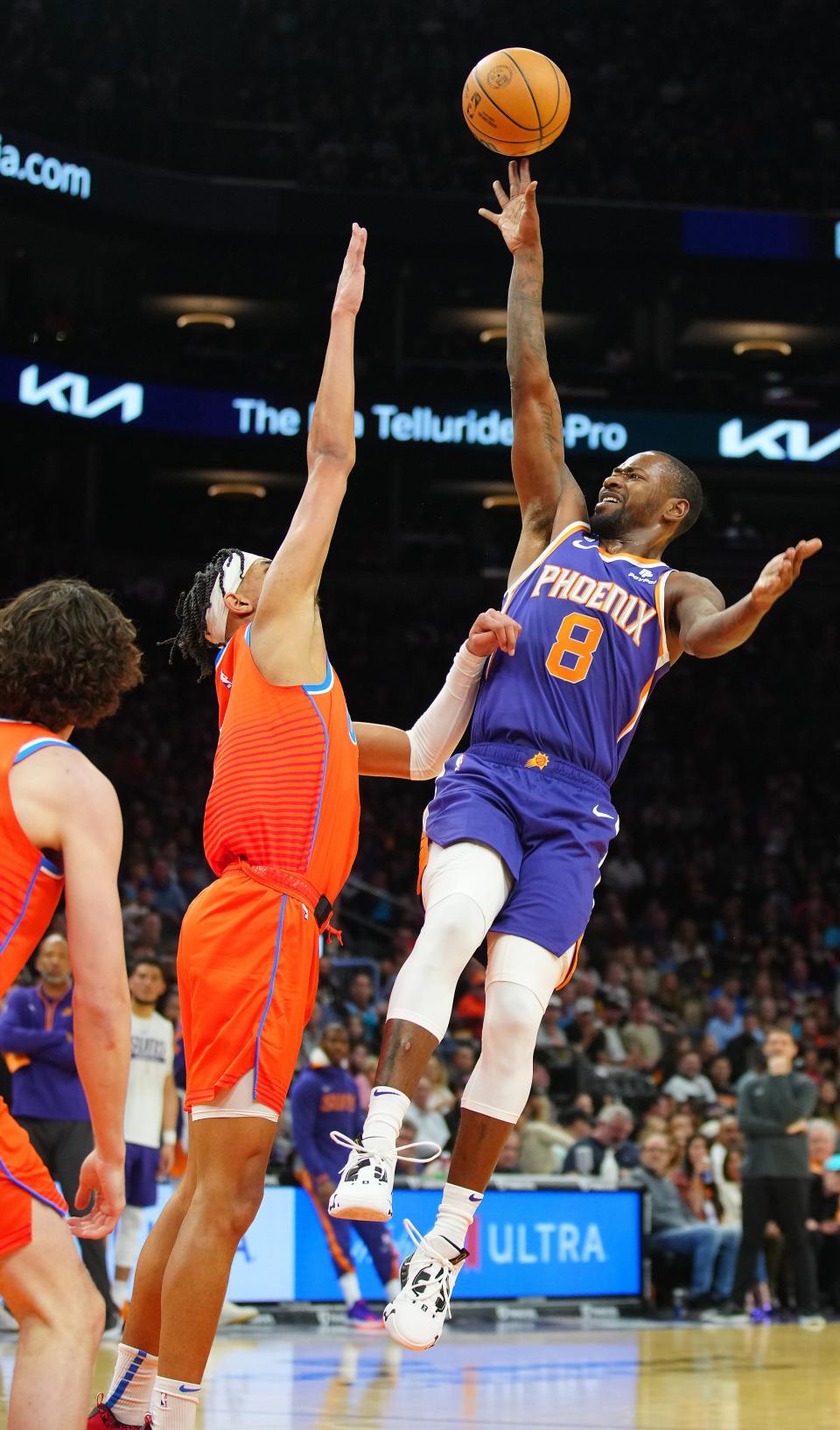 Suns guard Terrence Ross (8) shoots against the Thunder during the first half at the Footprint Center in Phoenix on March 8, 2023.
