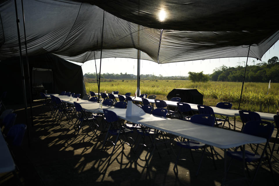 This shows the U.S. military mess hall at Lal-lo airport, Cagayan province, northern Philippines Monday, May 6, 2024. The United States and the Philippines, which are longtime treaty allies, have identified the far-flung coastal town of Lal-lo in the northeastern tip of the Philippine mainland as one of nine mostly rural areas where rotating batches of American forces could encamp indefinitely and store their weapons and equipment within local military bases under the Enhanced Defense Cooperation Agreement, or EDCA. (AP Photo/Aaron Favila)