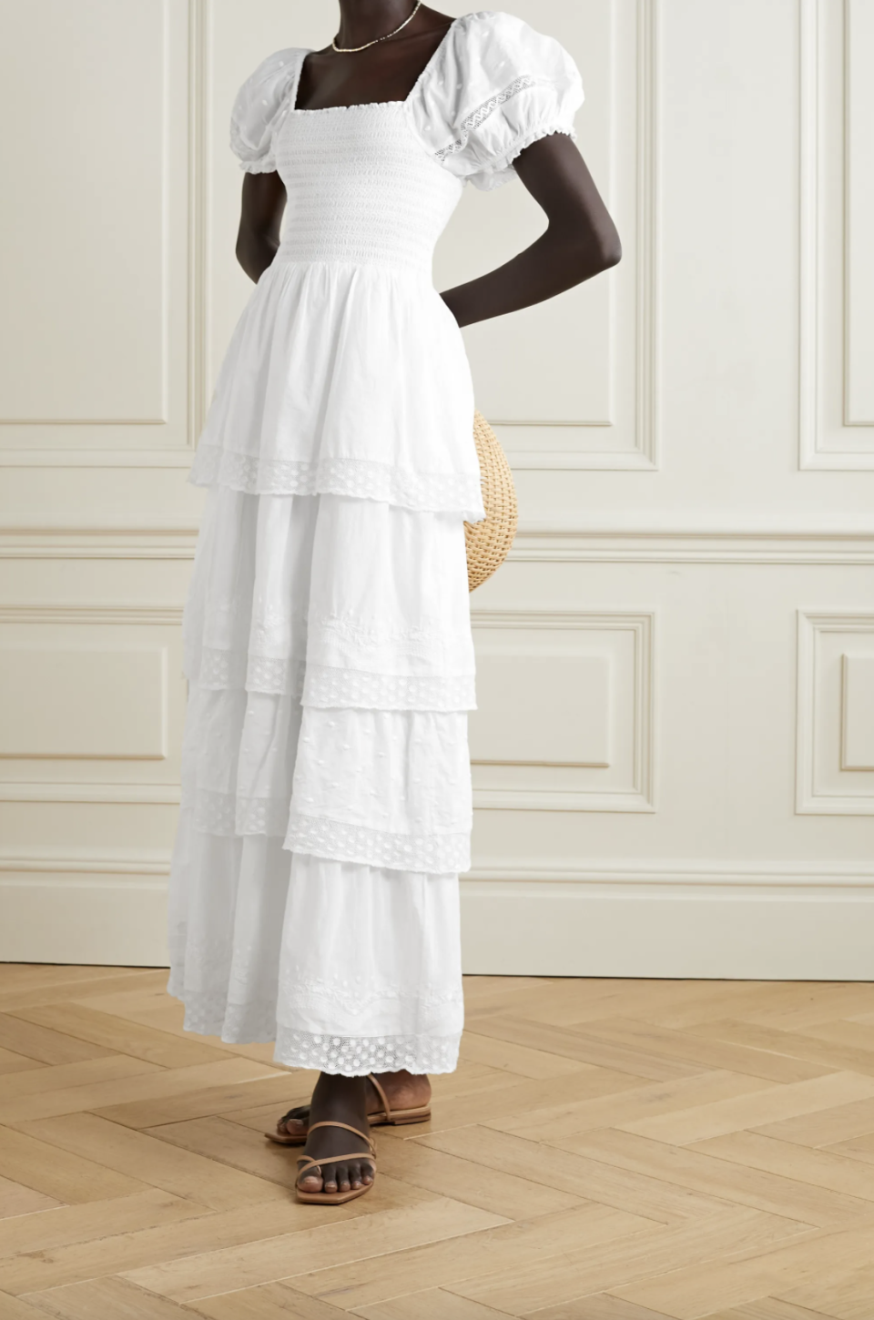 LoveShackFancy Capella Tiered Shirred Embroidered Cotton Maxi Dress
